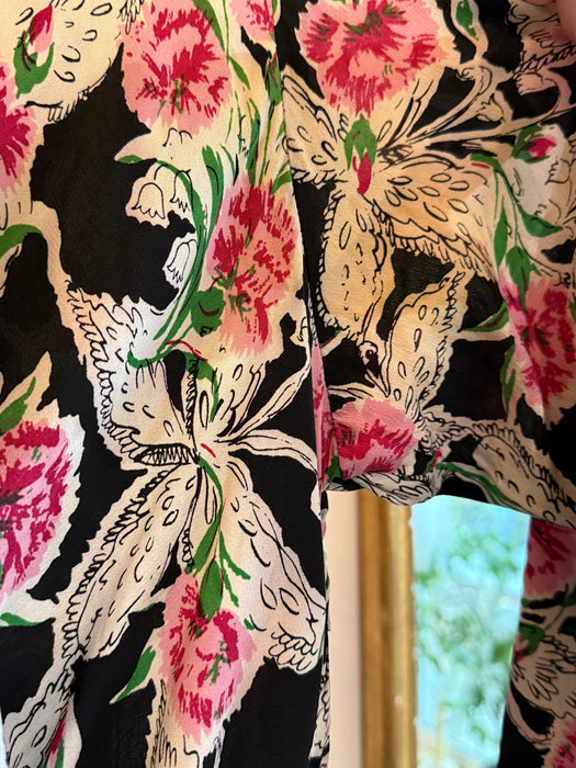 Vintage 1940's Carnations & Butterflies Print Floral Rayon Dress with Bows / M