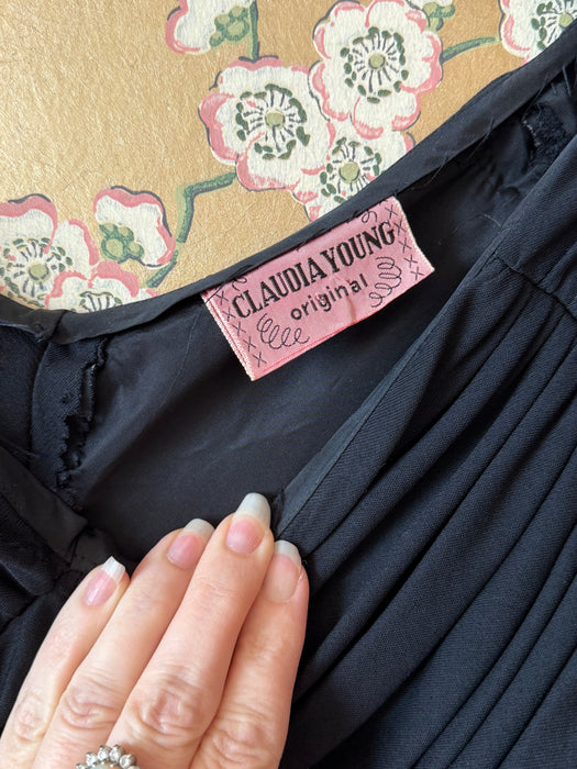 Iconic 1950's Claudia Young Cocktail Dress With Novelty Print Felt Skirt & Draped Bodice / Small