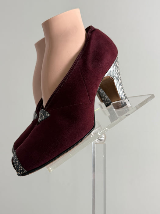 Killer 1940's Malaga Suede & Lizard Peep Toe Pumps By Krupp's / 7B