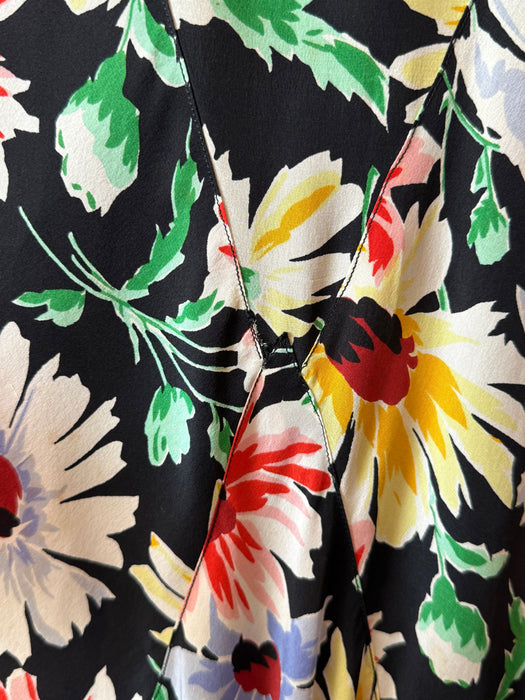 Gorgeous 1930's Rainbow Daisy Print Silk Bias Cut Gown With Bishop Sleeves / Small