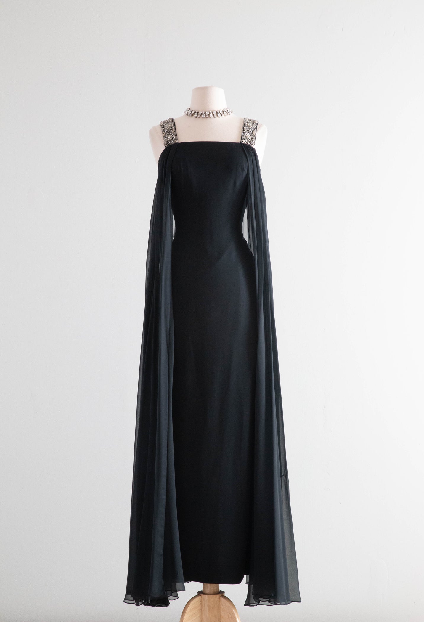 Enchanting Early 1960’s Chiffon Evening Gown with Beaded Straps / Smal