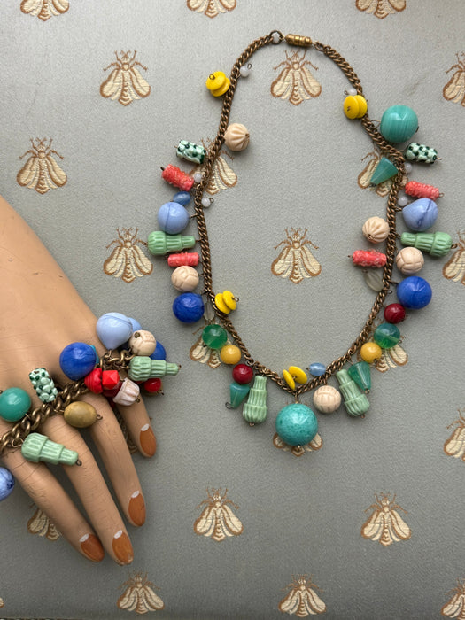 Wonderfully Whimsical Art Glass Necklace and Bracelet Set, circa late 1930s–early 1940s