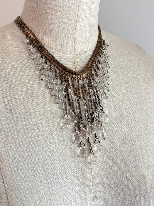 COVETED Brass Book-Chain Fringe Statement Necklace with Crystal Bead Waterfall, c. 1950s