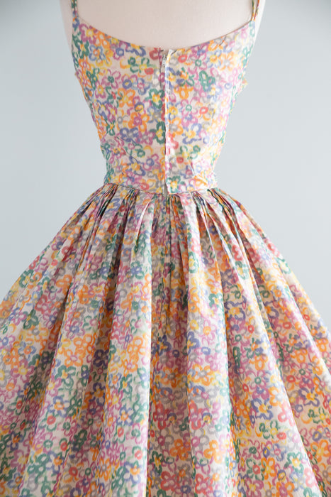 Enchanting 1950’s Pastel Garden Silk Floral Party Dress With Pockets! / Small