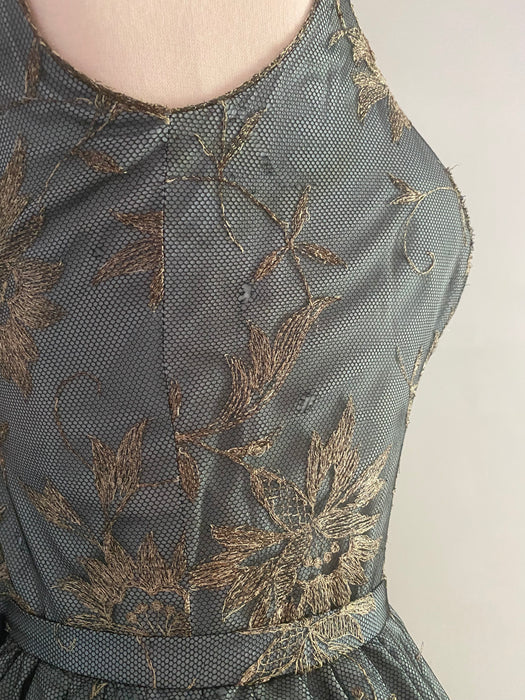 Exquisite 1950's Steel Blue & Metallic Gold Lace Cocktail Dress By Edith Small / Medium