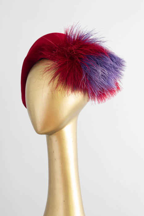 Stunning Scarlet Felt Hat with Feather Pom, circa late 1940s By Bernice Charles