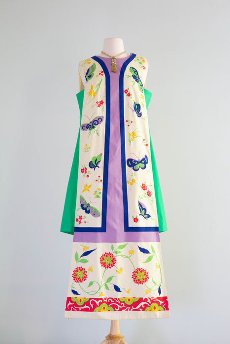 Incredible 1960’s Neiman Marcus Cotton Butterfly Print Color Block Shift Dress / ML