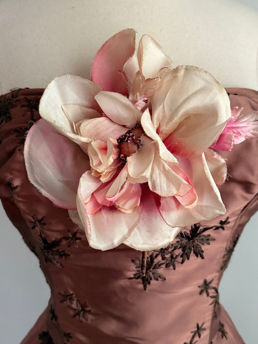 Stunning 1950's Rosewood Embroidered Satin Strapless Evening Dress / Small