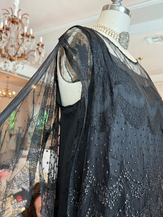 Elegant 1920's Chanel Inspired Black Lace Flapper Dress With Sequins / SM