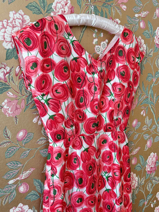 Fabulous Late 50's Pink & Red Abstract Rose Print Silk Dress / SM
