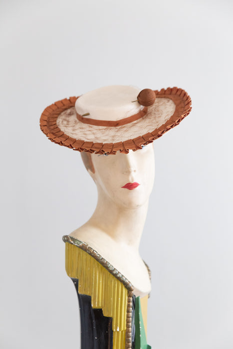 Wonderful 1930s White Straw Tilt Hat with Caramel Grosgrain Trim, Veiling, and Hatpin