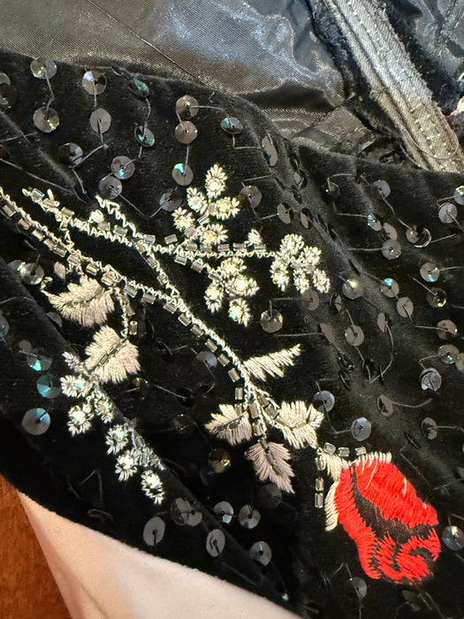 Iconic 1950's Cocktail Dress By Emma Domb With Embroidered Roses on Black Velvet / Small