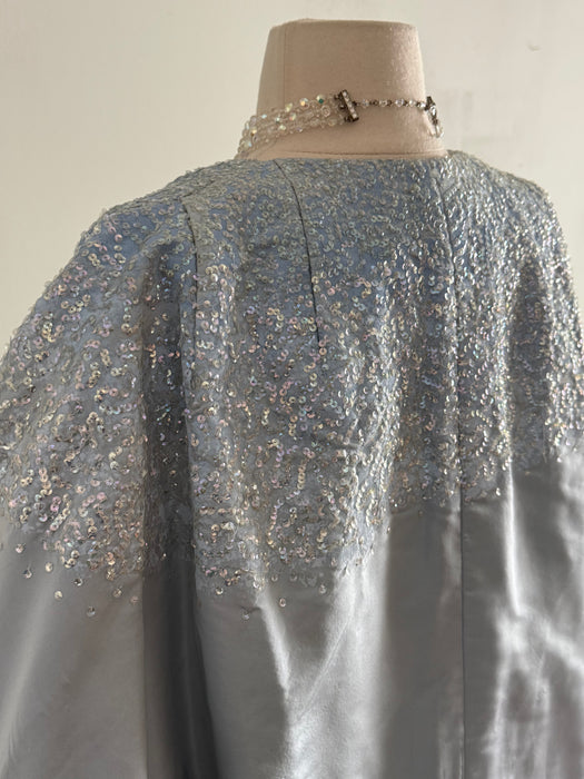 Exquisite Early 1960's Ice Blue Silk & Sequin Evening Dress and Matching Coat By Florence Lustig / medium