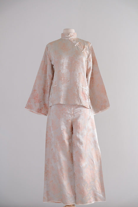 Vintage 1950's Cherry Blossom Chinese Silk Brocade Pajama Set / S