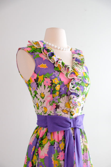 Vintage 1970's Flower Power Violet Floral Maxi Gown / Small