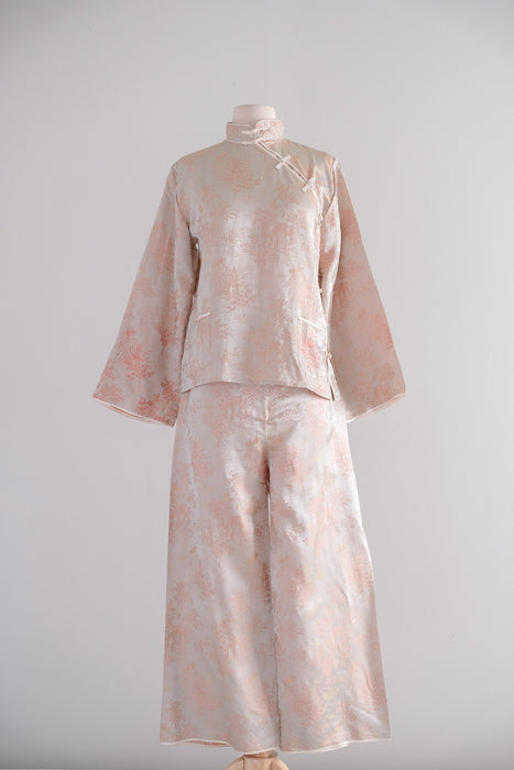 Vintage 1950's Cherry Blossom Chinese Silk Brocade Pajama Set / S