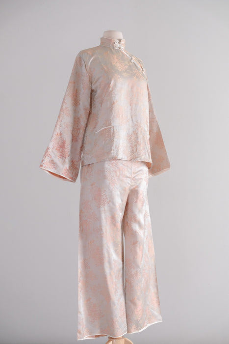 Vintage 1950's Cherry Blossom Chinese Silk Brocade Pajama Set / S