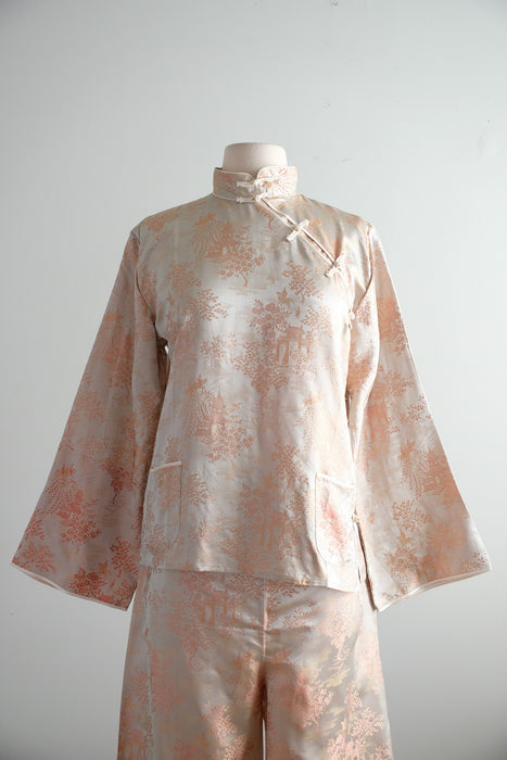 Vintage 1950's Cherry Blossom Chinese Silk Brocade Pajama Set / S