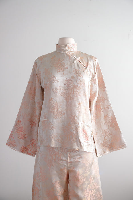 Vintage 1950's Cherry Blossom Chinese Silk Brocade Pajama Set / S