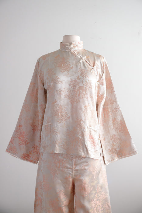 Vintage 1950's Cherry Blossom Chinese Silk Brocade Pajama Set / S