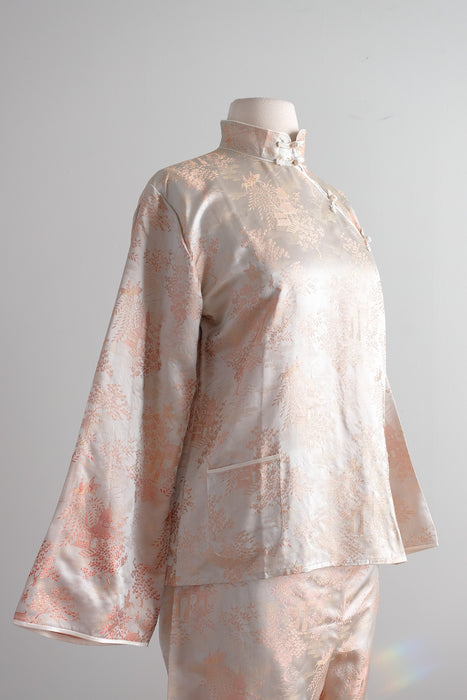 Vintage 1950's Cherry Blossom Chinese Silk Brocade Pajama Set / S