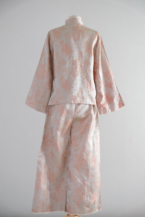Vintage 1950's Cherry Blossom Chinese Silk Brocade Pajama Set / S