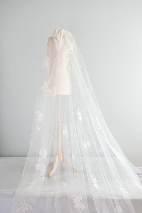 Vintage 1950's Cathedral Length Wedding Veil with Lace Roses / OS