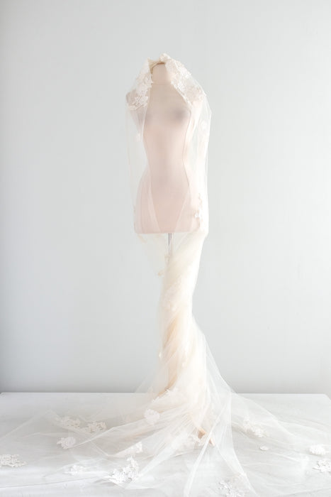 Vintage 1950's Cathedral Length Wedding Veil with Lace Roses / OS