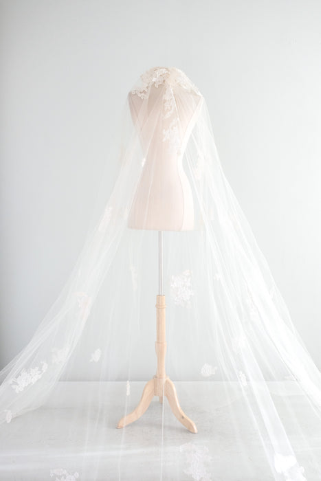 Vintage 1950's Cathedral Length Wedding Veil with Lace Roses / OS