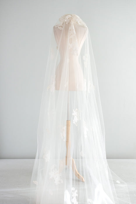 Vintage 1950's Cathedral Length Wedding Veil with Lace Roses / OS