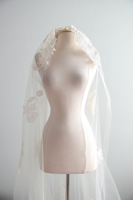 Vintage 1950's Cathedral Length Wedding Veil with Lace Roses / OS