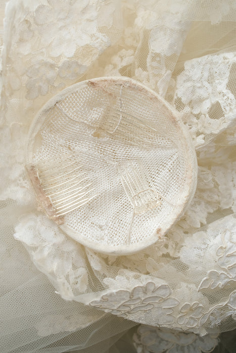 Vintage 1950's Cathedral Length Wedding Veil with Lace Roses / OS