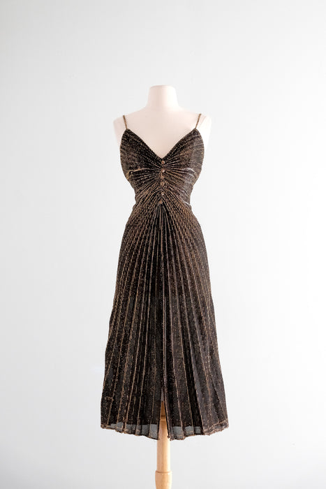 DAZZLING 1970's Marilyn Monroe Black & Gold Lurex Accordion Pleated Party Dress / SM DAZZLING 1970's Marilyn Monroe Black & Gold Lurex Accordion Pleated Party Dress / SM