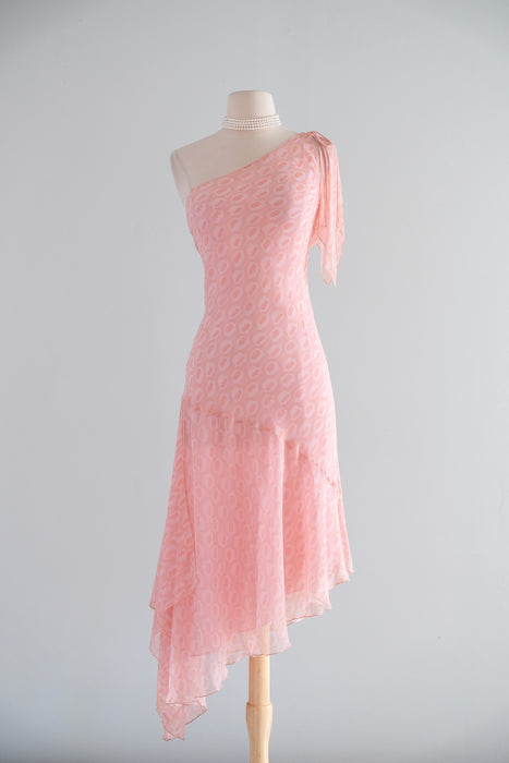 Vintage 1990's Pink Retro Bias Cut Silk Chiffon OTS Dress from Laundry / S