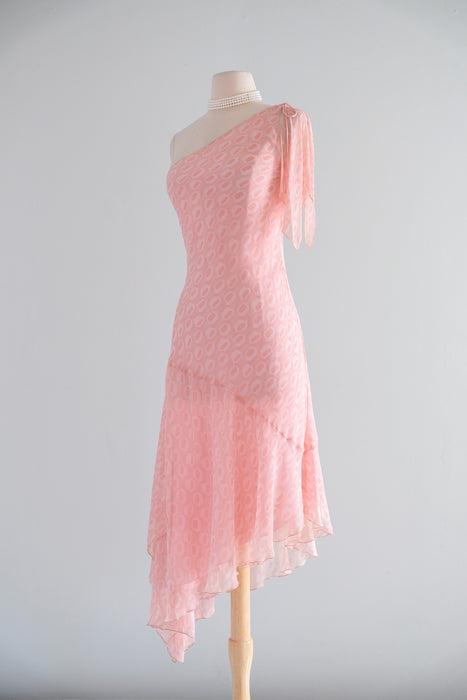 Vintage 1990's Pink Retro Bias Cut Silk Chiffon OTS Dress from Laundry / S