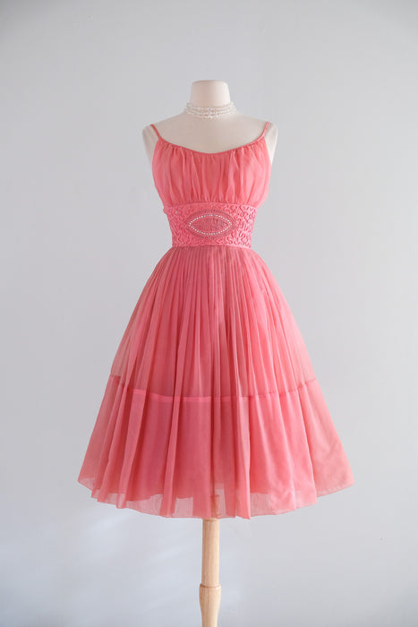 Vintage 1950's Salmon Pink Party dress with Aurora Rhinestones / XS