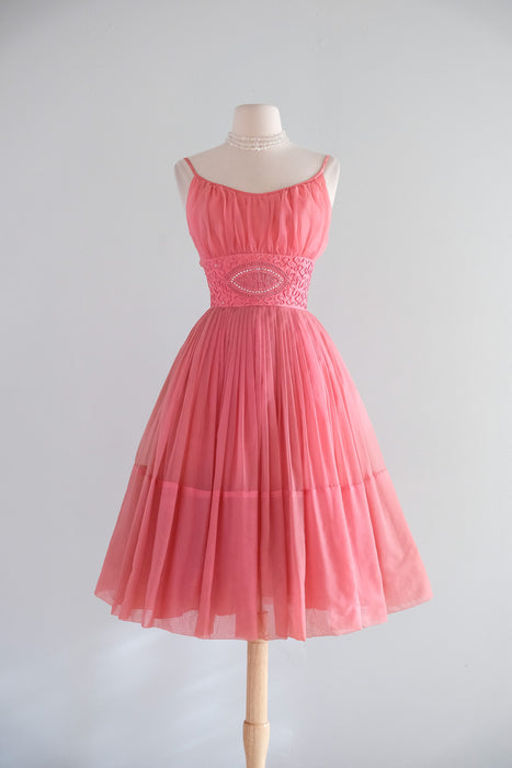 Vintage 1950's Salmon Pink Party dress with Aurora Rhinestones / XS