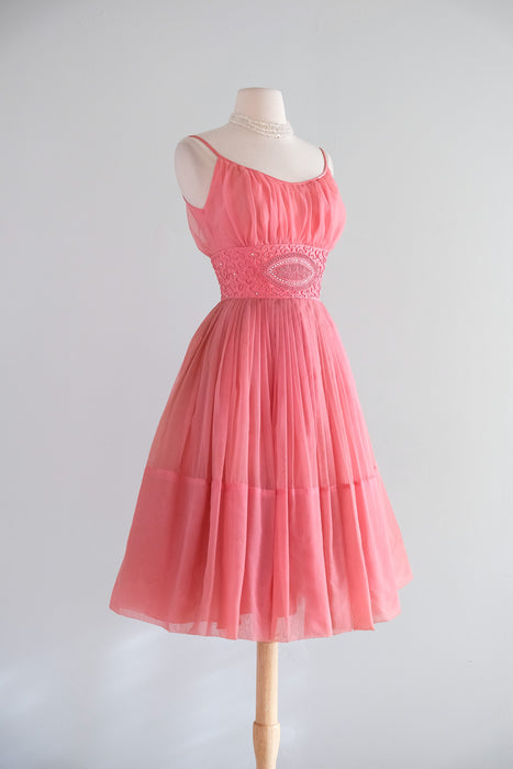 Vintage 1950's Salmon Pink Party dress with Aurora Rhinestones / XS