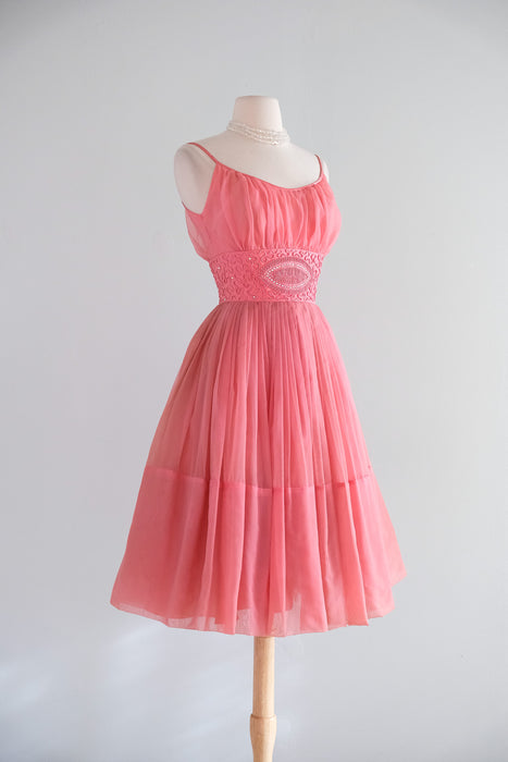 Vintage 1950's Salmon Pink Party dress with Aurora Rhinestones / XS