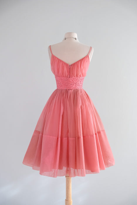 Vintage 1950's Salmon Pink Party dress with Aurora Rhinestones / XS