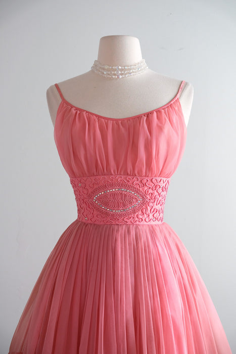 Vintage 1950's Salmon Pink Party dress with Aurora Rhinestones / XS