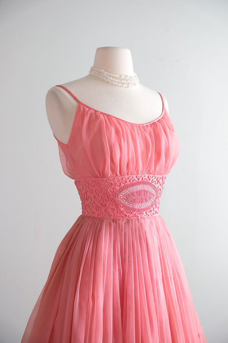Vintage 1950's Salmon Pink Party dress with Aurora Rhinestones / XS