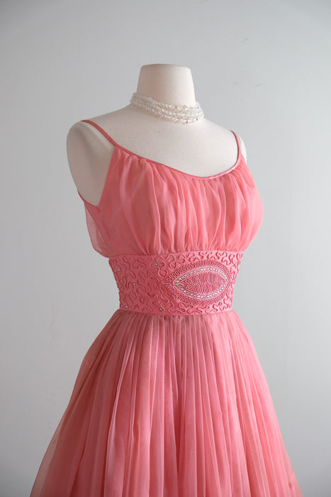 Vintage 1950's Salmon Pink Party dress with Aurora Rhinestones / XS