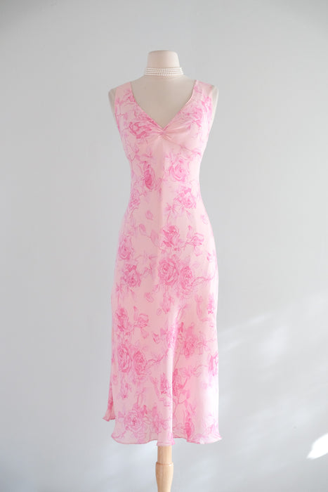 Vintage Y2K Pink Rose Silk Chiffon Sleeveless Dress by Aqua / L