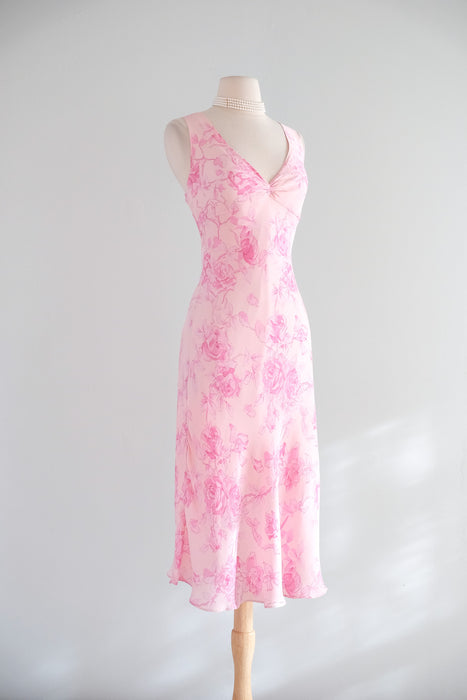 Vintage Y2K Pink Rose Silk Chiffon Sleeveless Dress by Aqua / L