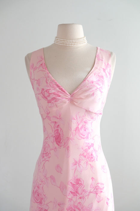 Vintage Y2K Pink Rose Silk Chiffon Sleeveless Dress by Aqua / L