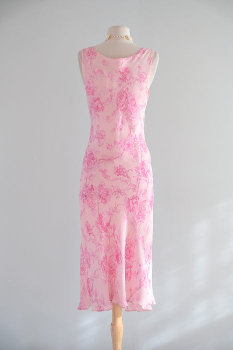 Vintage Y2K Pink Rose Silk Chiffon Sleeveless Dress by Aqua / L