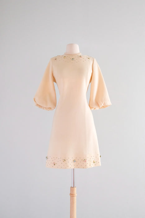 Vintage 1960's Pastel & Pearl Adorned Ivory Knit Mod Mini Dress/ Medium