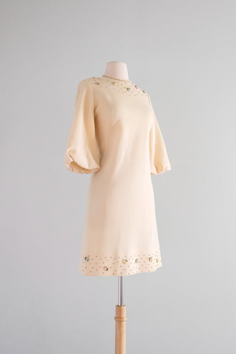 Vintage 1960's Pastel & Pearl Adorned Ivory Knit Mod Mini Dress/ Medium