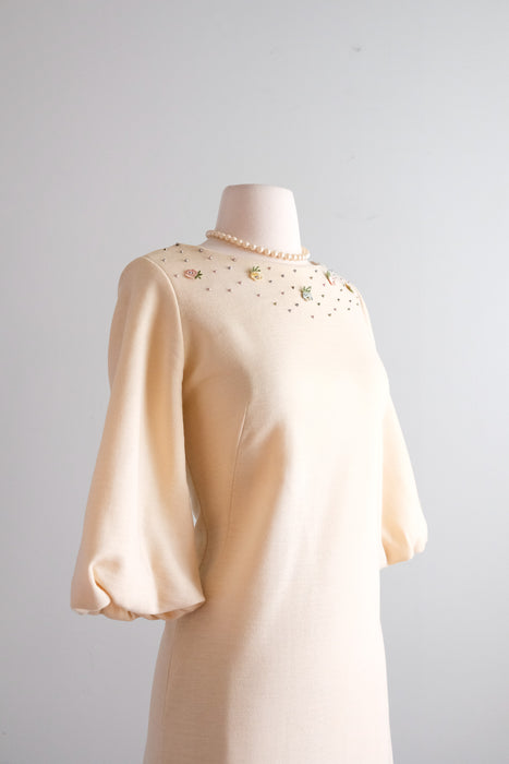 Vintage 1960's Pastel & Pearl Adorned Ivory Knit Mod Mini Dress/ Medium